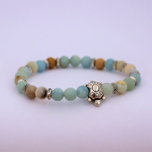 Bracelet " Tendresse & Bonheur " en amazonite - Tortue argentée
