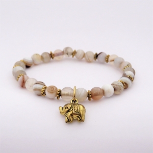 Bracelet "Prospérité & Joie" en agate grise - Charm éléphant doré