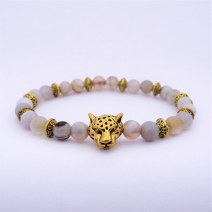 Bracelet "Prospérité & Joie" en agate grise - Charm léopard doré