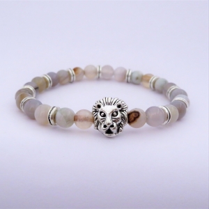 Bracelet "Prospérité & Joie" en agate grise - Charm lion argenté