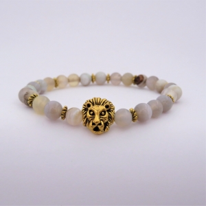 Bracelet "Prospérité & Joie" en agate grise - Charm lion doré
