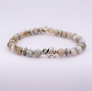 Bracelet "Prospérité & Joie" en agate grise - Perle éléphant argenté