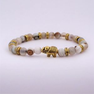 Bracelet "Prospérité & Joie" en agate grise - Perle éléphant doré