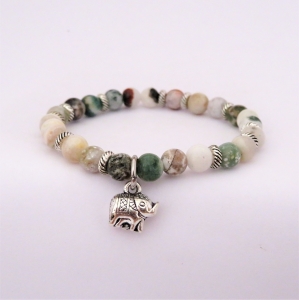 Bracelet "Nature & Calme" en agate mousse - Charm éléphant argenté