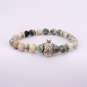 Bracelet "Nature & Calme" en agate mousse - Tortue argenté