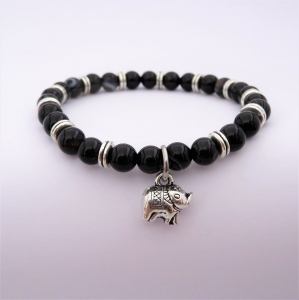 Bracelet "Courage & Calme" en agate noire - Charm éléphant argenté