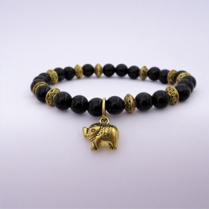 Bracelet MIXTE "Courage & Calme" en agate noire - Charm éléphant doré