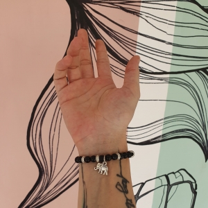 Bracelet MIXTE "Courage & Calme" en agate noire - Eléphant argenté