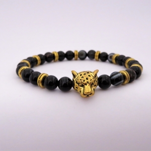 Bracelet "Courage & Calme" en agate noire - Léopard doré