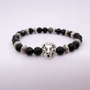 Bracelet "Courage & Calme" en agate noire - Lion argenté