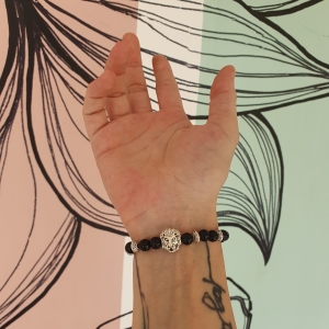 Bracelet "Courage & Calme" en agate noire - Lion argenté