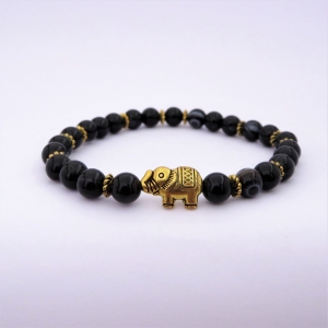 Bracelet MIXTE "Courage & Calme" en agate noire - Perle éléphant doré