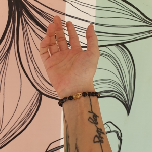 Bracelet MIXTE "Courage & Calme" en agate noire - Perle éléphant doré