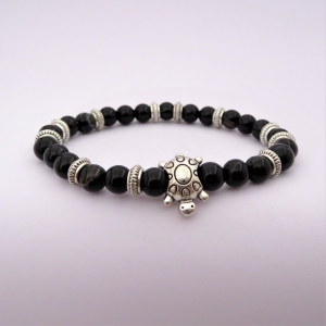 Bracelet "Courage & Calme" en agate noire - Tortue argentée