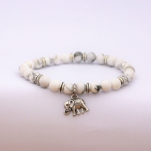 Bracelet "Bien-être & Confiance" en howlite - Charm plat éléphant argenté