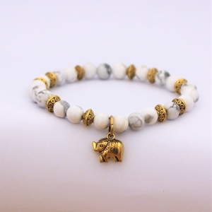 Bracelet "Bien-être & Confiance" en howlite - Charm éléphant doré