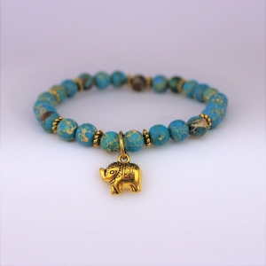 Bracelet  "Equilibre & Apaisement" en jaspe bleu - Charm éléphant doré