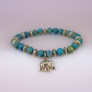 Bracelet  "Equilibre & Apaisement" en jaspe bleu - Eléphant argenté plat