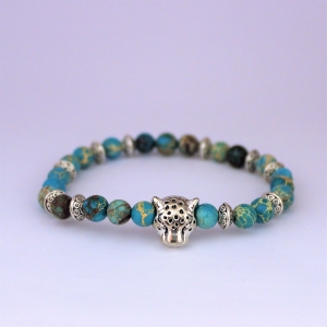 Bracelet  "Equilibre & Apaisement" en jaspe bleu - Léopard argenté 