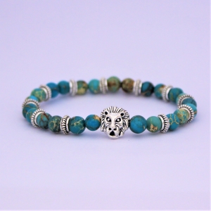 Bracelet  "Equilibre & Apaisement" en jaspe bleu - Lion argenté