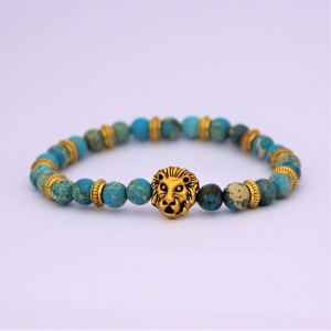 Bracelet  "Equilibre & Apaisement" en jaspe bleu - Lion doré