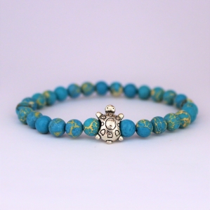 Bracelet  "Equilibre & Apaisement" en jaspe bleu - Tortue argentée