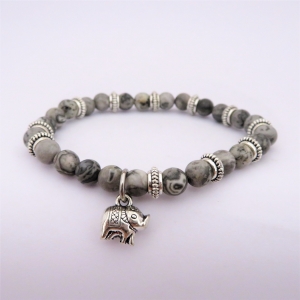 Bracelet "Courage & Equilibre" en jaspe gris - Charm éléphant argenté