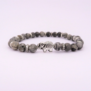 Bracelet "Courage & Equilibre" en jaspe gris - Perle éléphant argenté