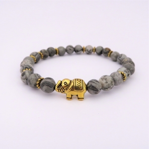 Bracelet "Courage & Equilibre" en jaspe gris - Perle éléphant doré