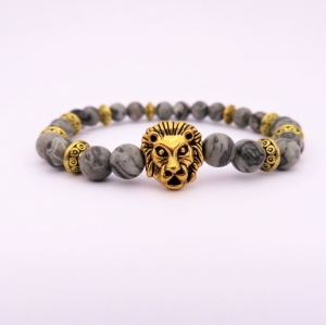 Bracelet "Courage & Equilibre" en jaspe gris - Lion doré