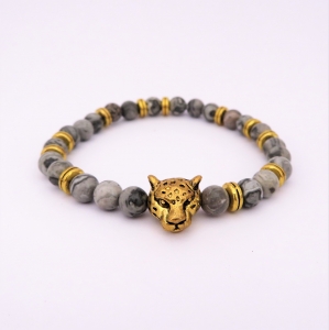 Bracelet "Courage & Equilibre" en jaspe gris - Léopard doré