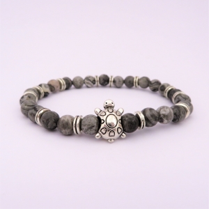 Bracelet "Courage & Equilibre" en jaspe gris - Tortue argentée
