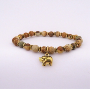 Bracelet "Vivacité & Créativité" en jaspe paysage - Charm éléphant doré